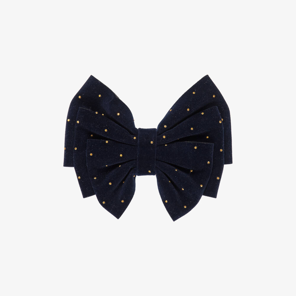 Abel & Lula-Girls Navy Blue Velvet Bow Clip with Gold Rhinestones (13cm) | Childrensalon