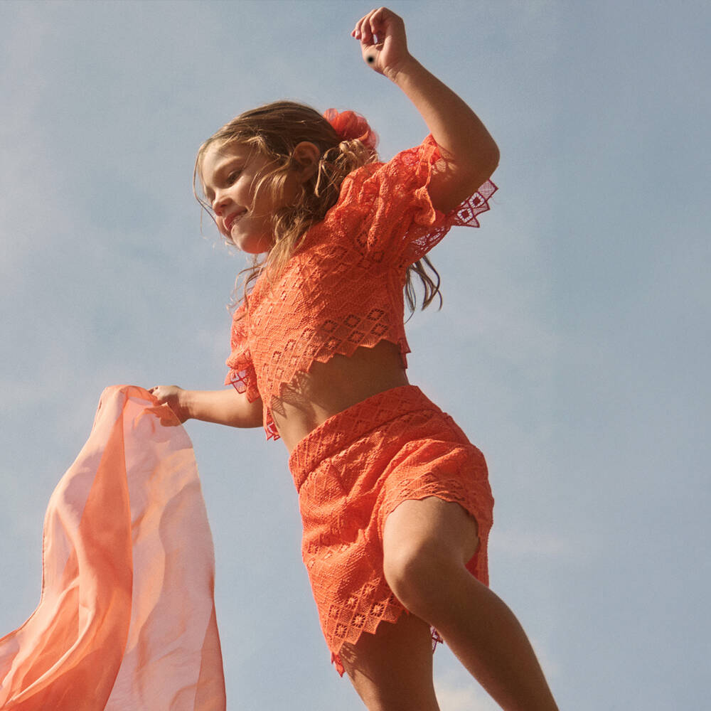 Abel & Lula-Girls Orange Lace Shorts Set | Childrensalon