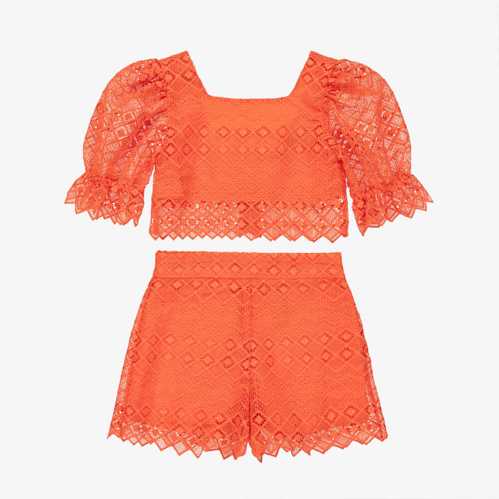 Abel & Lula-Girls Orange Lace Shorts Set | Childrensalon