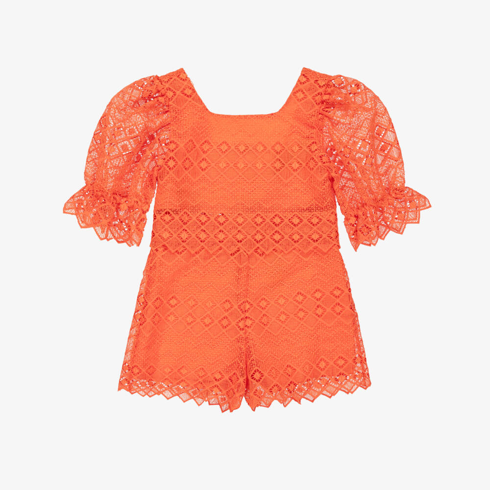 Abel & Lula-Girls Orange Lace Shorts Set | Childrensalon
