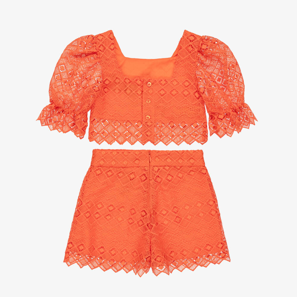 Abel & Lula-Girls Orange Lace Shorts Set | Childrensalon
