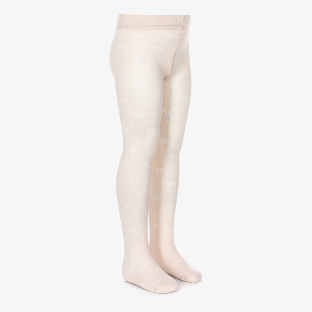 Abel & Lula-Girls Pale Beige Logo Tights | Childrensalon