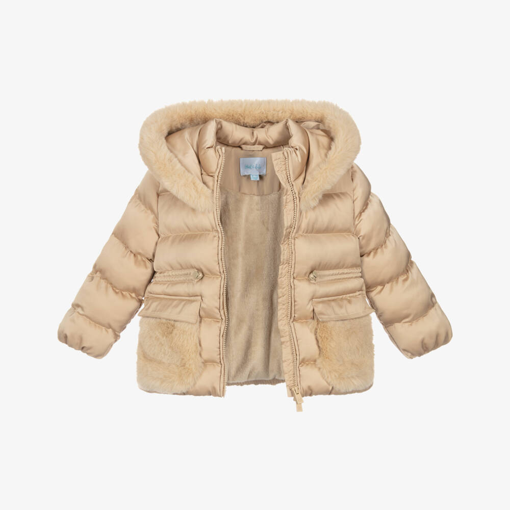 Abel & Lula-Girls Pale Gold Hooded Puffer Jacket | Childrensalon