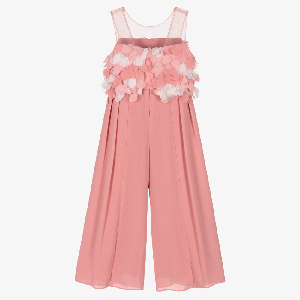 Abel & Lula-Girls Pale Pink Crêpe Jumpsuit with Petal Appliqués | Childrensalon