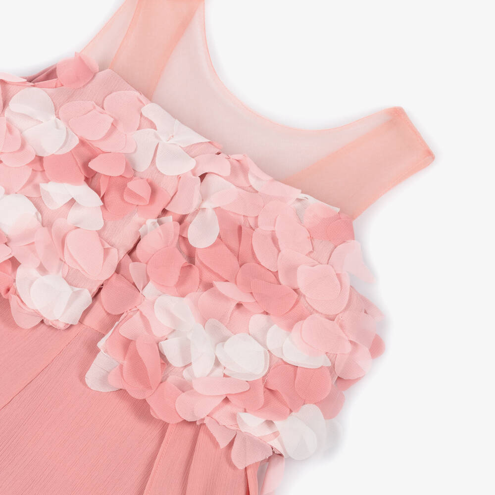Abel & Lula-Girls Pale Pink Crêpe Jumpsuit with Petal Appliqués | Childrensalon