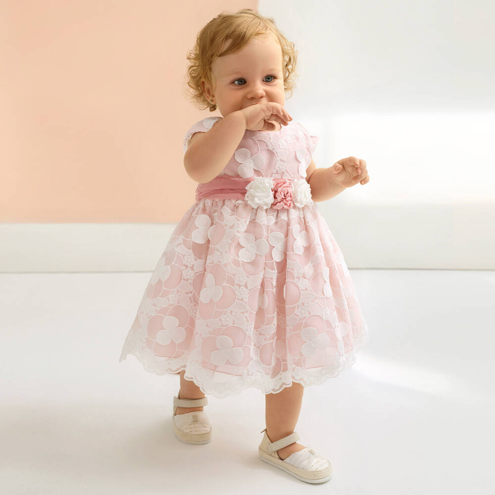 Abel & Lula-Girls Pale Pink Dress with White Embroidered Flowers | Childrensalon