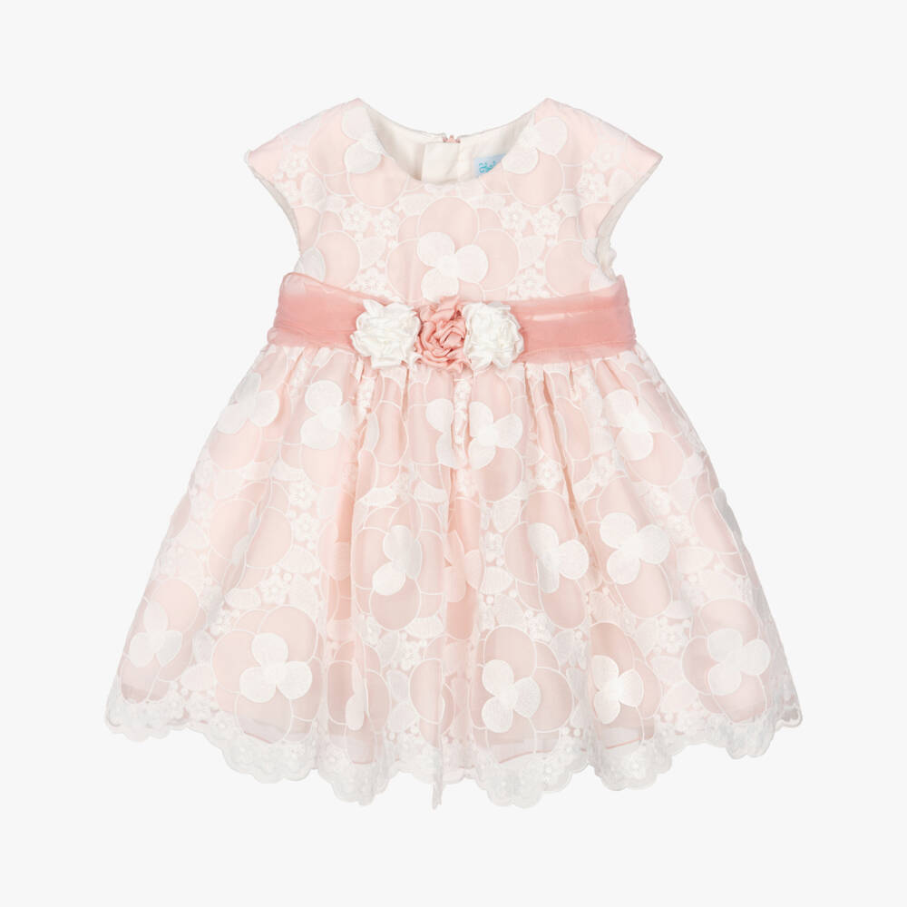 Abel & Lula-Girls Pale Pink Dress with White Embroidered Flowers | Childrensalon