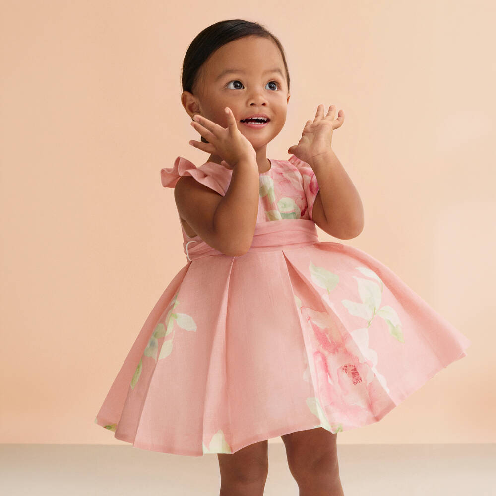 Abel & Lula-Girls Pale Pink Floral Print Linen Dress with Sash Belt | Childrensalon
