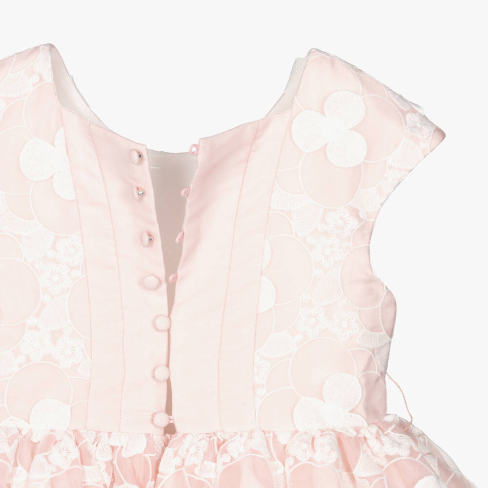 Abel & Lula-Girls Pale Pink & White Embroidered Flower Dress with Sash Belt | Childrensalon
