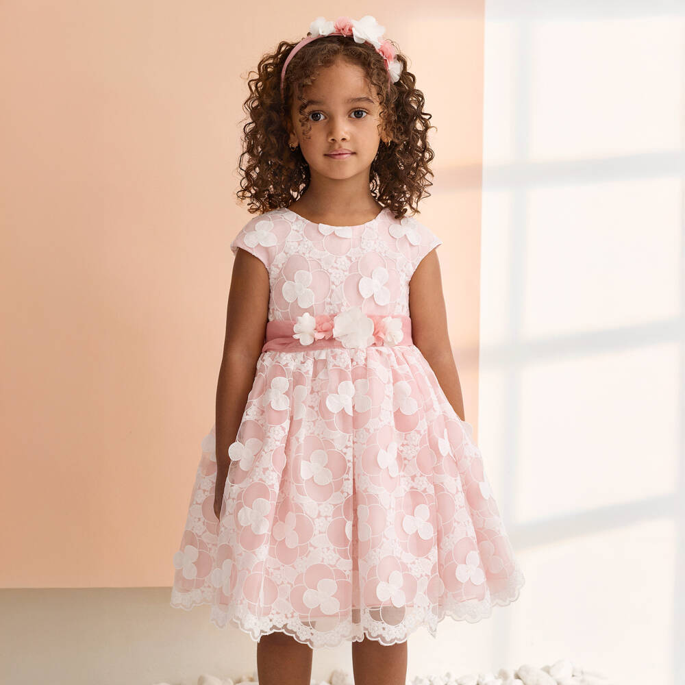 Abel & Lula-Girls Pale Pink & White Embroidered Flower Dress with Sash Belt | Childrensalon