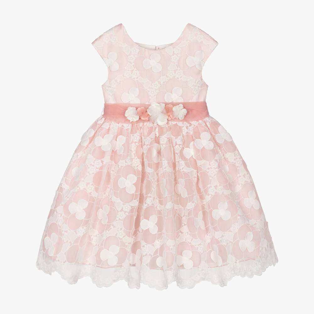 Abel & Lula-Girls Pale Pink & White Embroidered Flower Dress with Sash Belt | Childrensalon