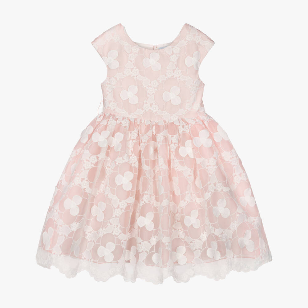 Abel & Lula-Girls Pale Pink & White Embroidered Flower Dress with Sash Belt | Childrensalon