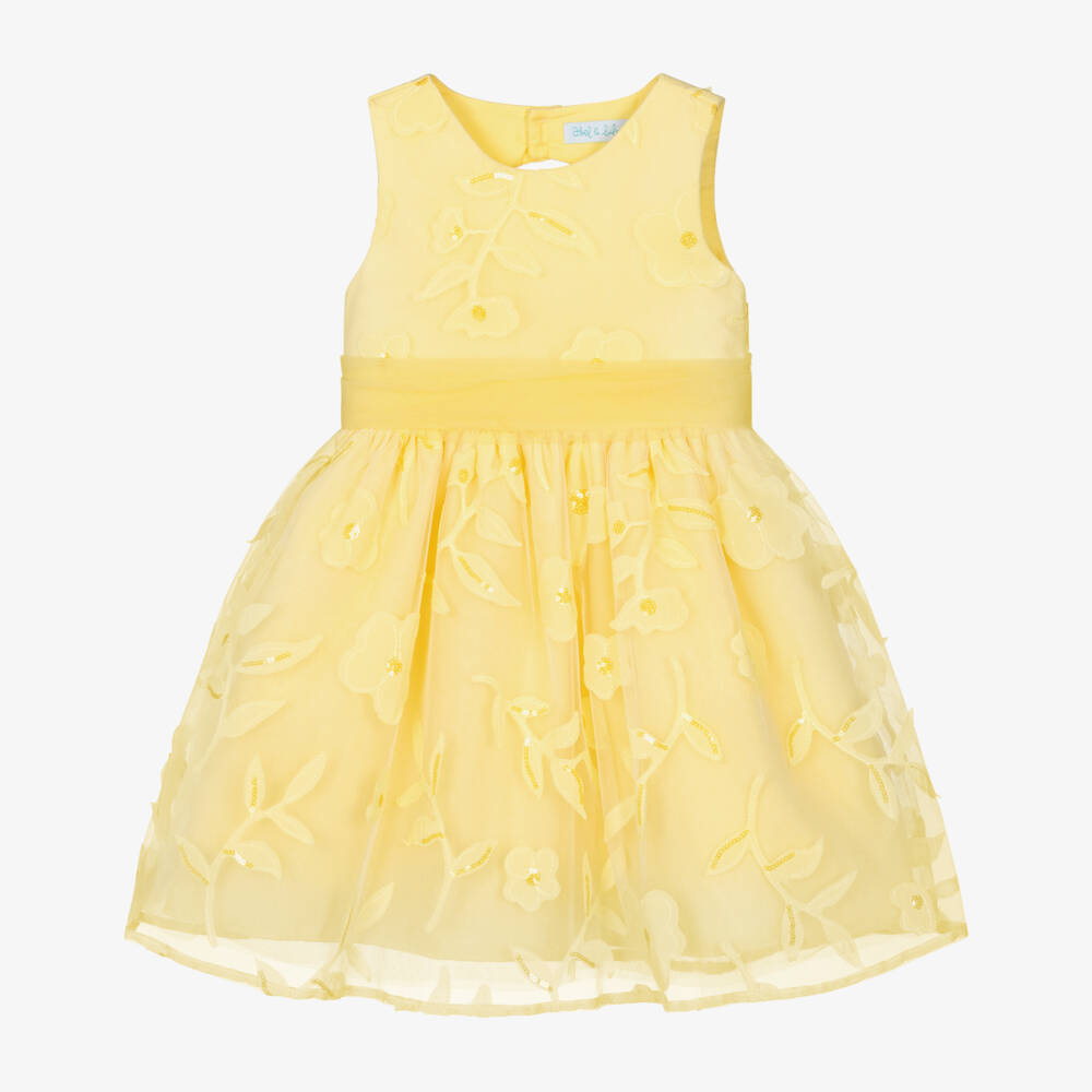 Abel & Lula-Girls Pale Yellow Tulle Dress with Sequinned Floral Appliqués | Childrensalon