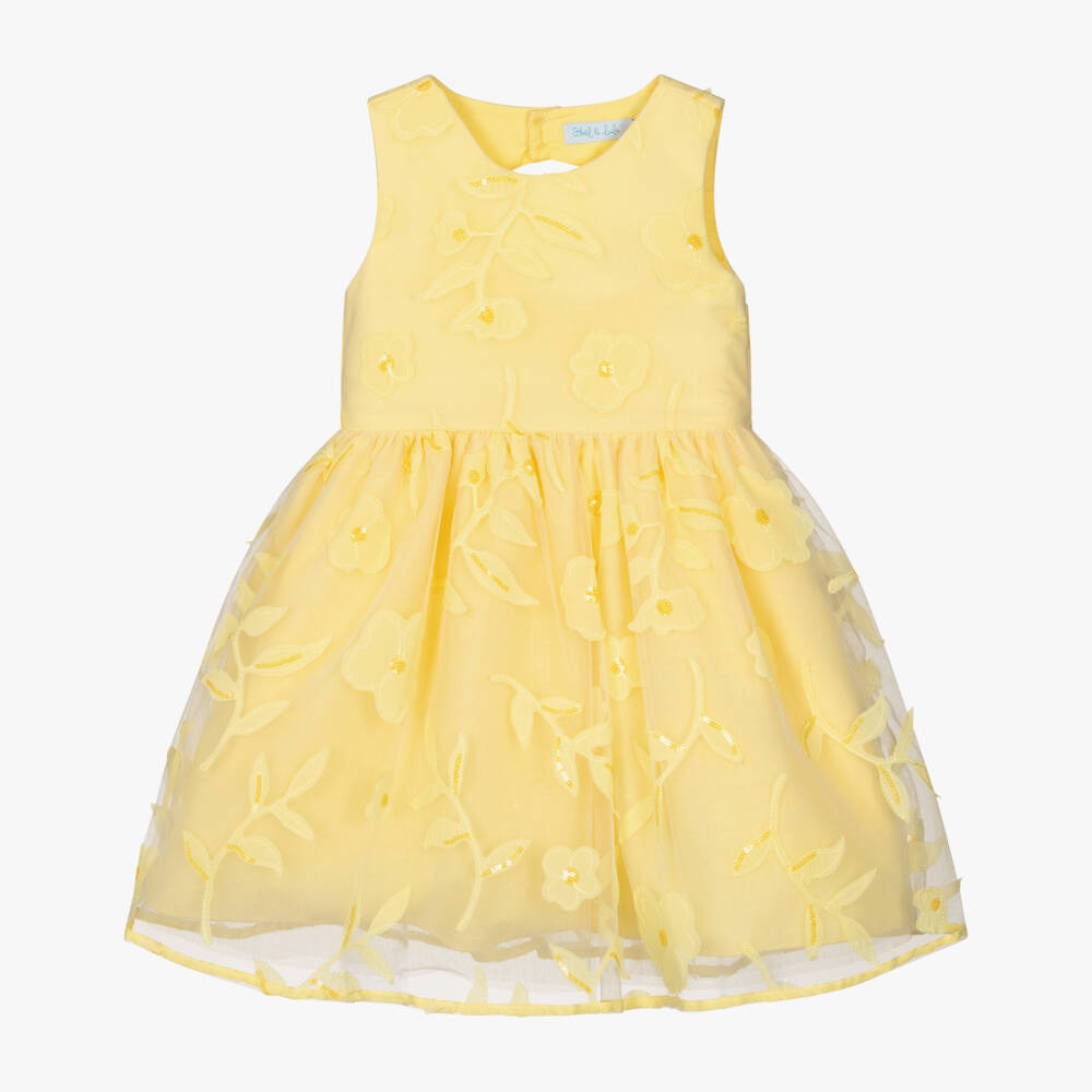 Abel & Lula-Girls Pale Yellow Tulle Dress with Sequinned Floral Appliqués | Childrensalon