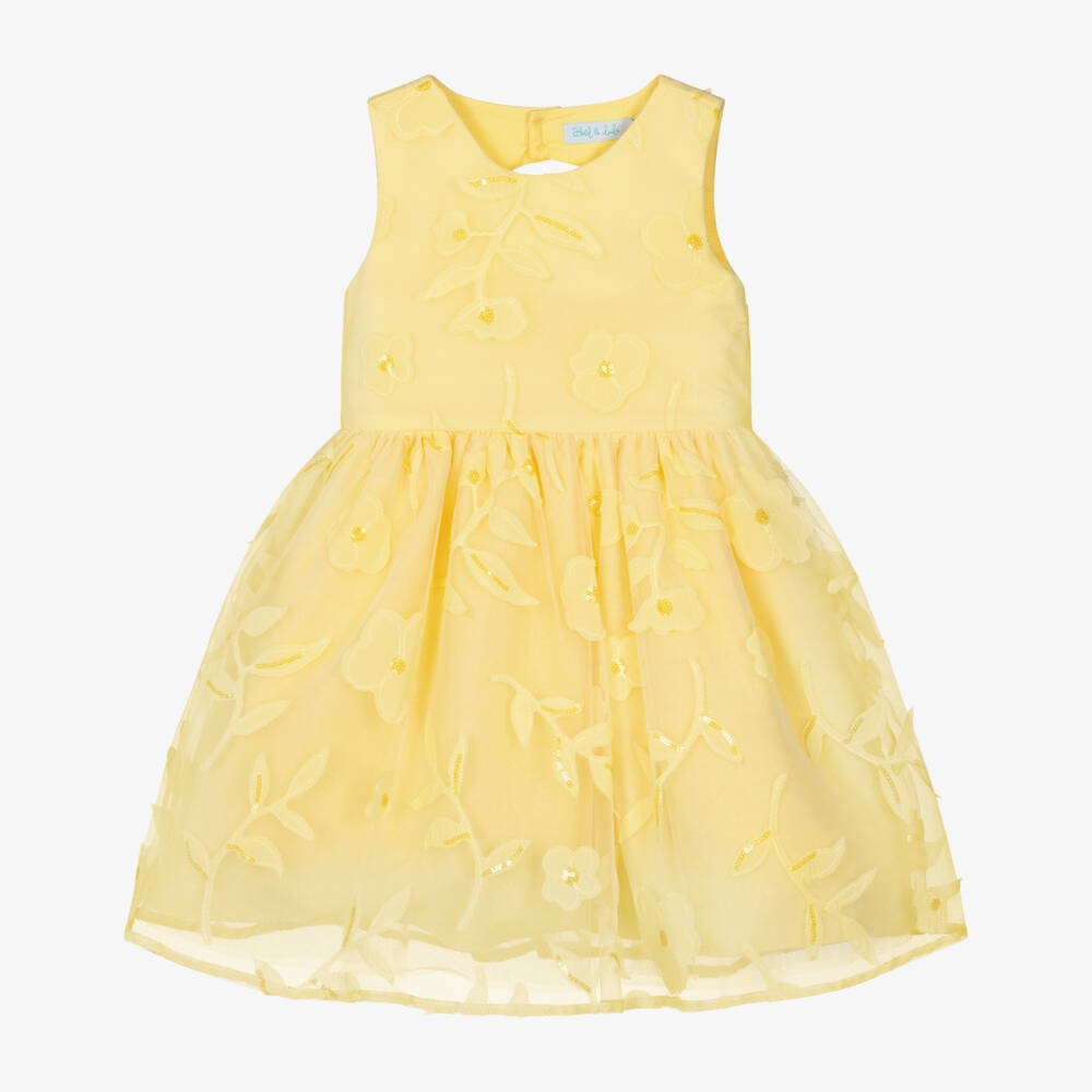 Abel & Lula-Платье желтое из тюля с цветочными аппликациями с пайетками для девочек | Childrensalon