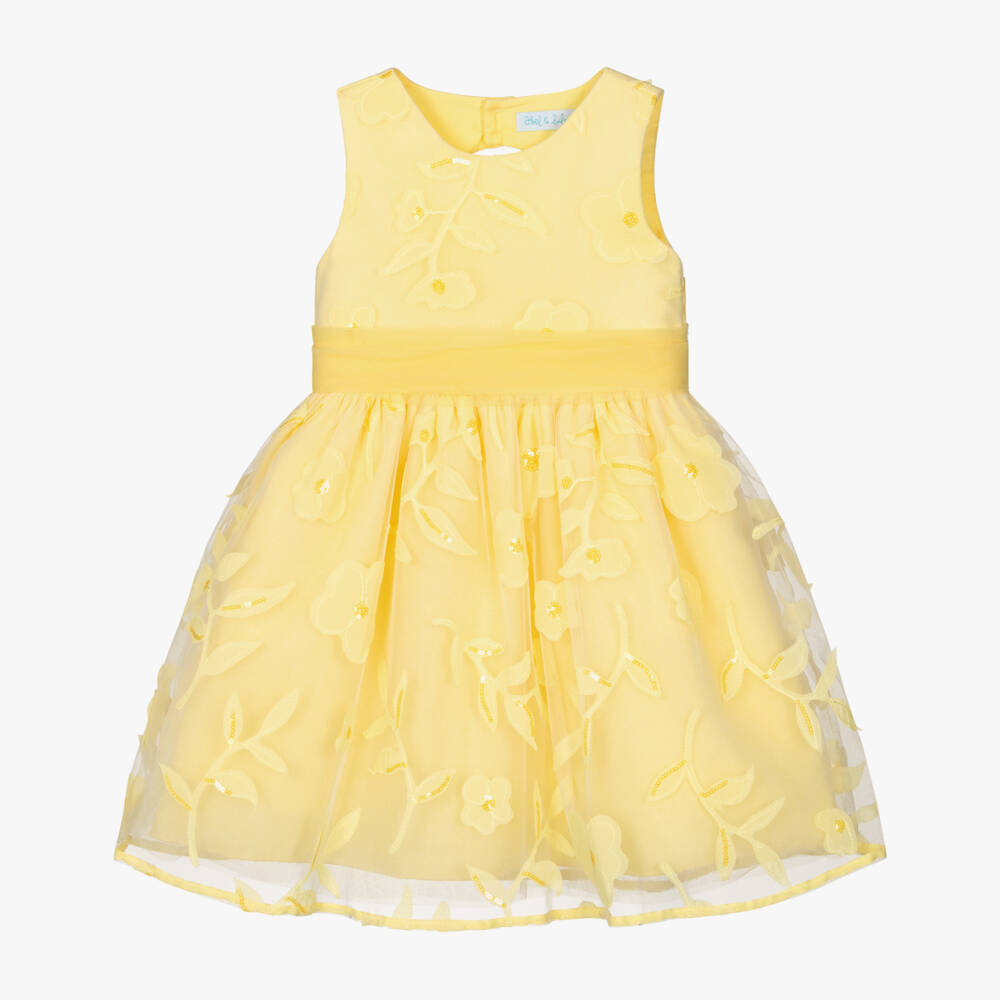 Abel & Lula-Girls Pale Yellow Tulle Dress with Sequinned Floral Appliqués | Childrensalon