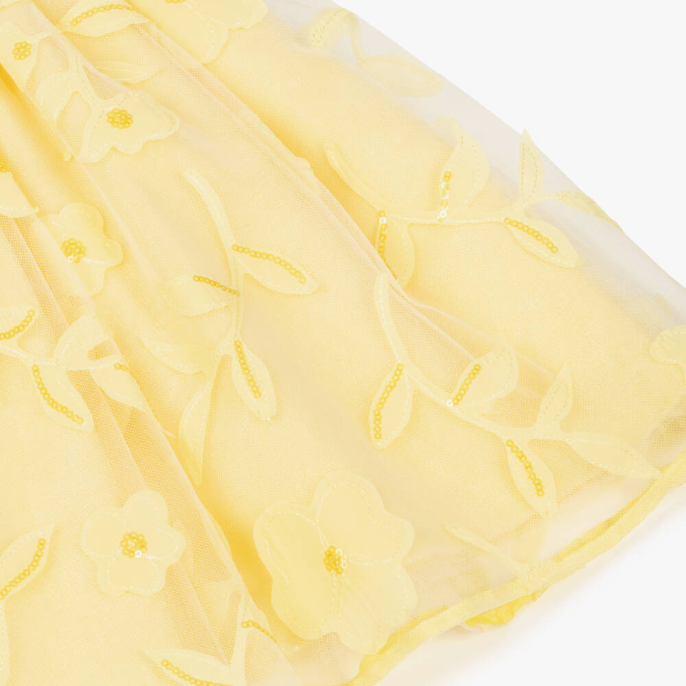 Abel & Lula-Girls Pale Yellow Tulle Dress with Sequinned Floral Appliqués | Childrensalon