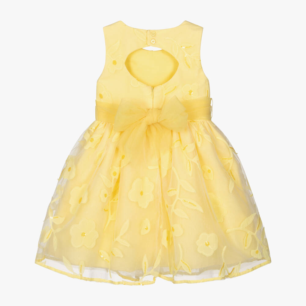 Abel & Lula-Girls Pale Yellow Tulle Dress with Sequinned Floral Appliqués | Childrensalon
