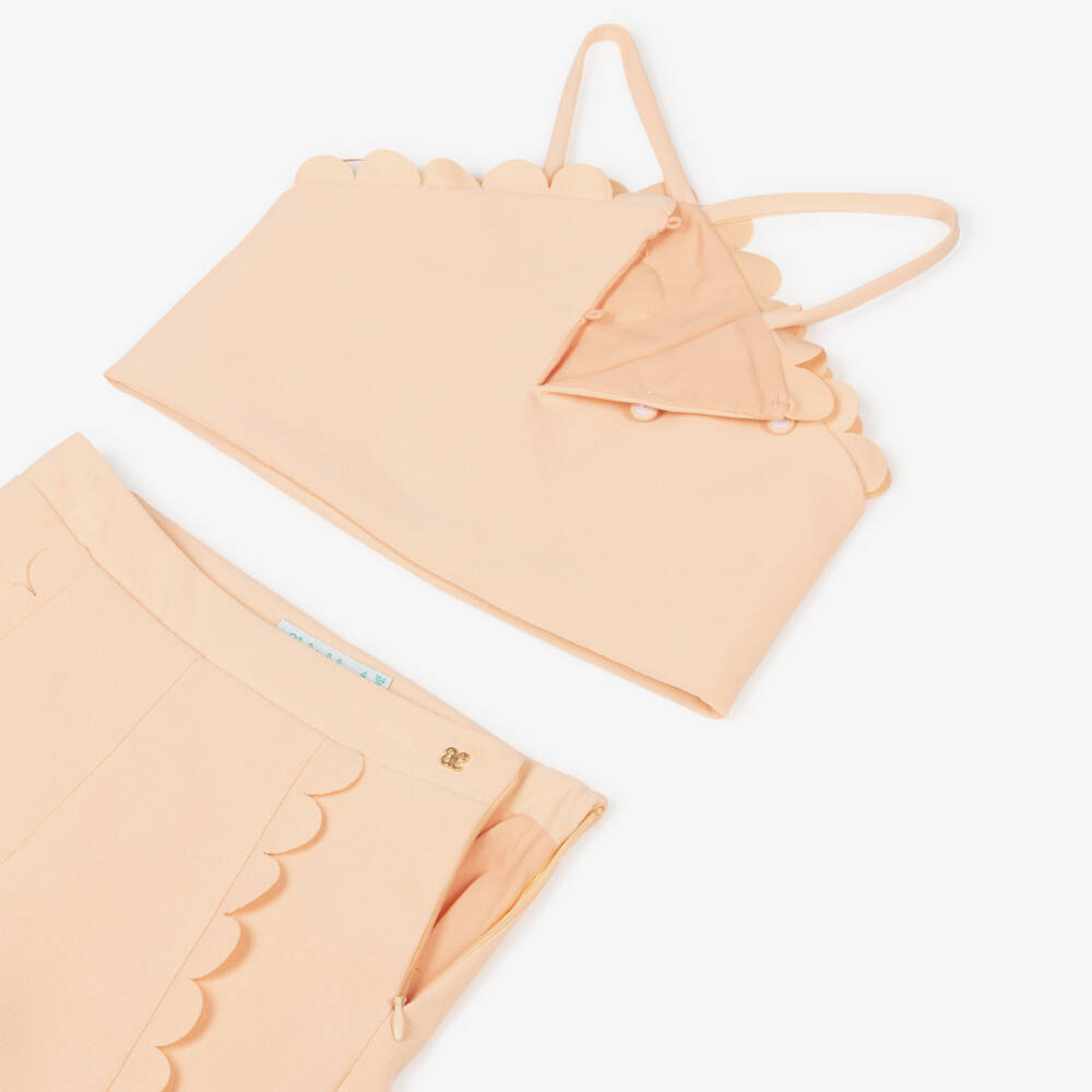 Abel & Lula-Girls Peach Scalloped Crêpe Shorts Set with Floral Appliqué | Childrensalon