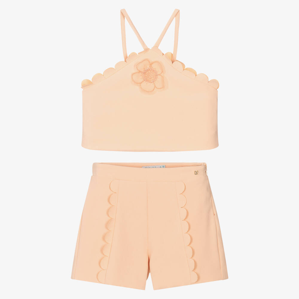 Abel & Lula-Girls Peach Scalloped Crêpe Shorts Set with Floral Appliqué | Childrensalon