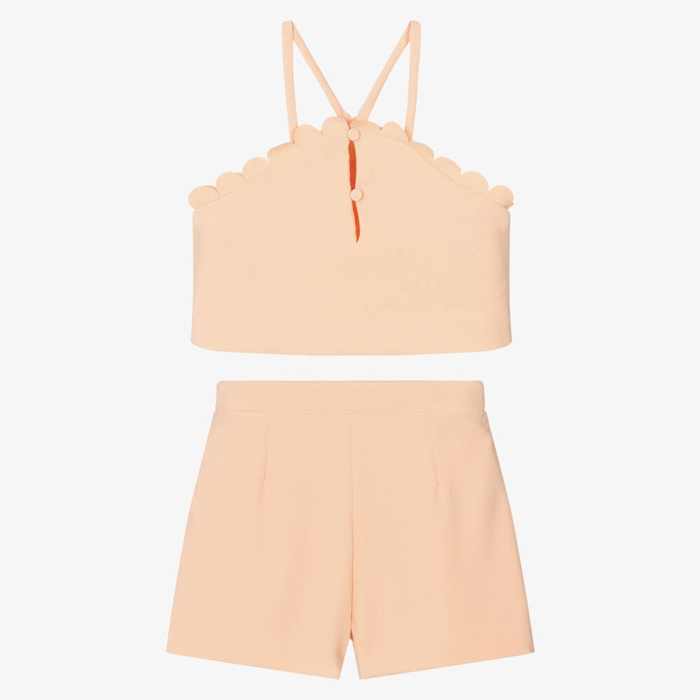 Abel & Lula-Girls Peach Scalloped Crêpe Shorts Set with Floral Appliqué | Childrensalon
