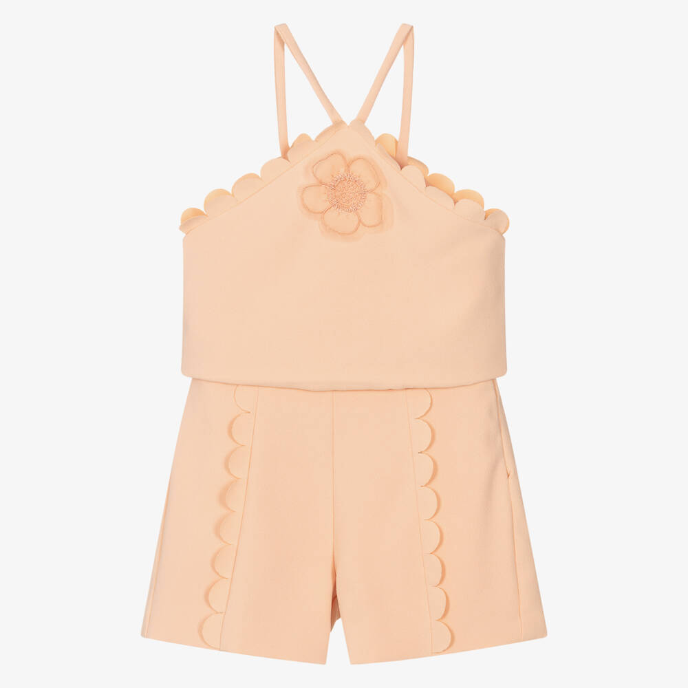 Abel & Lula-Girls Peach Scalloped Crêpe Shorts Set with Floral Appliqué | Childrensalon