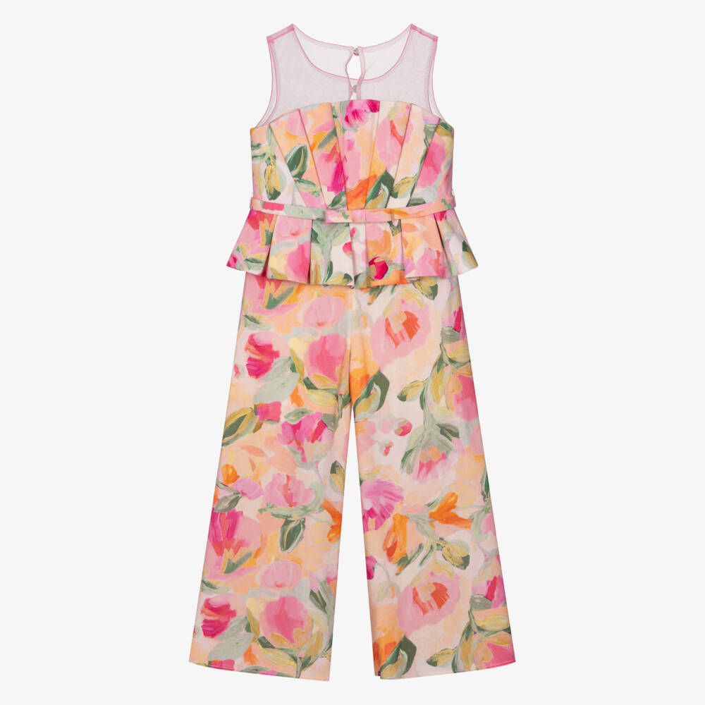 Abel & Lula-Girls Pink Abstract Floral Print Jumpsuit | Childrensalon