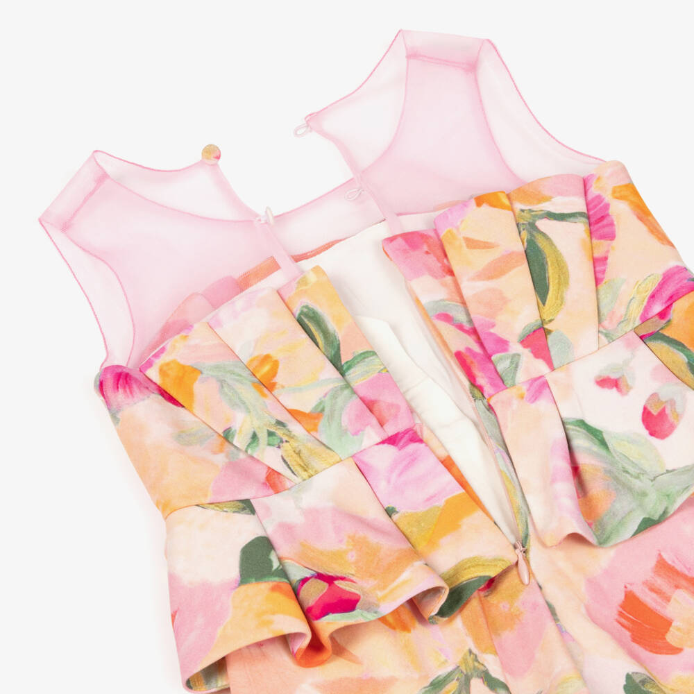 Abel & Lula-Girls Pink Abstract Floral Print Jumpsuit | Childrensalon