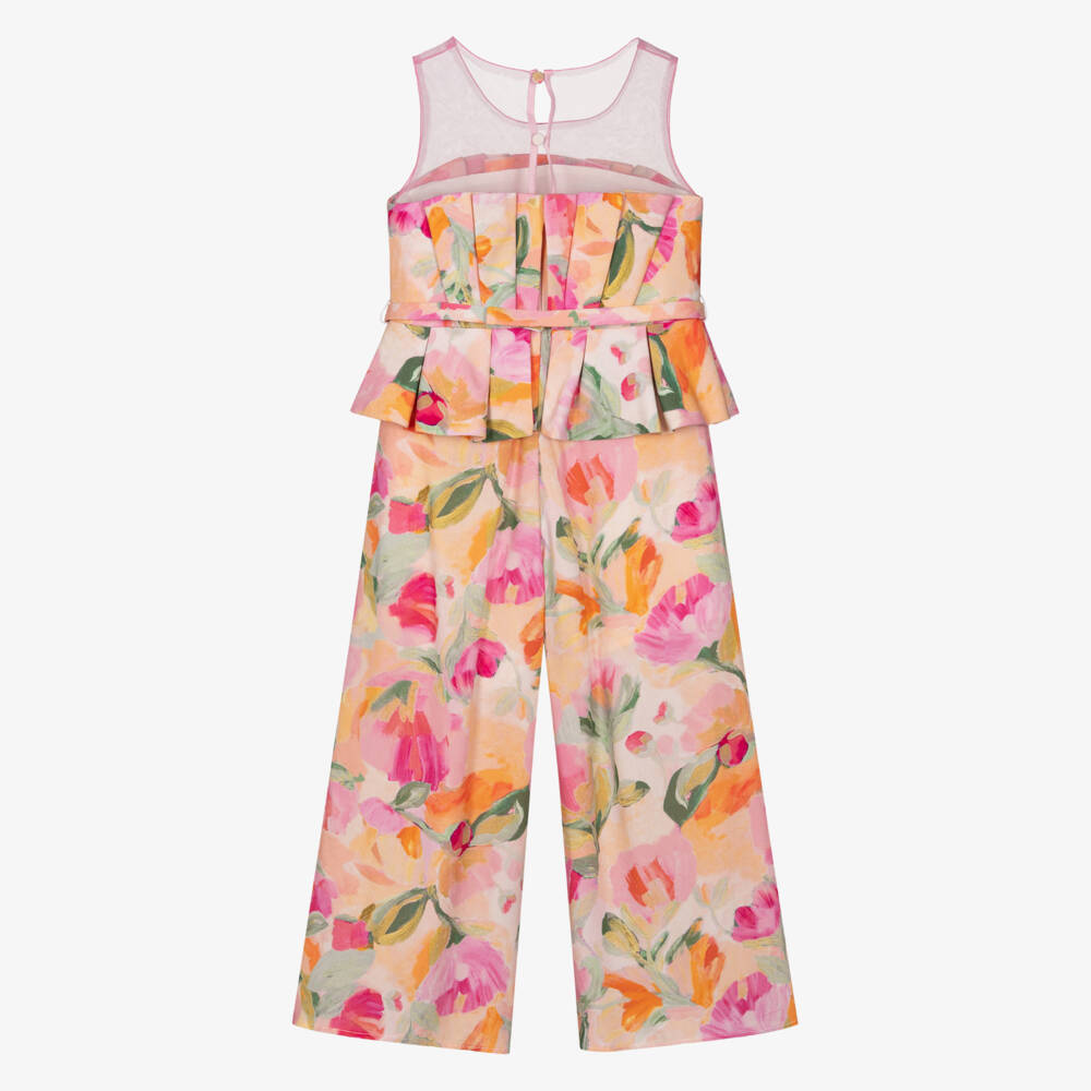 Abel & Lula-Girls Pink Abstract Floral Print Jumpsuit | Childrensalon