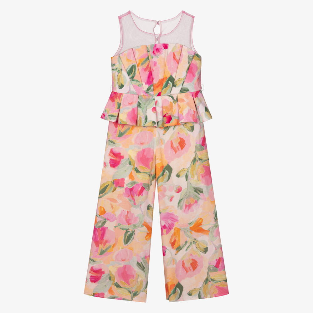 Abel & Lula-Girls Pink Abstract Floral Print Jumpsuit | Childrensalon