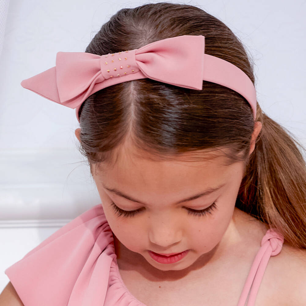 Abel & Lula-Girls Pink Crêpe Bow Hairband with Iridescent Diamantés | Childrensalon