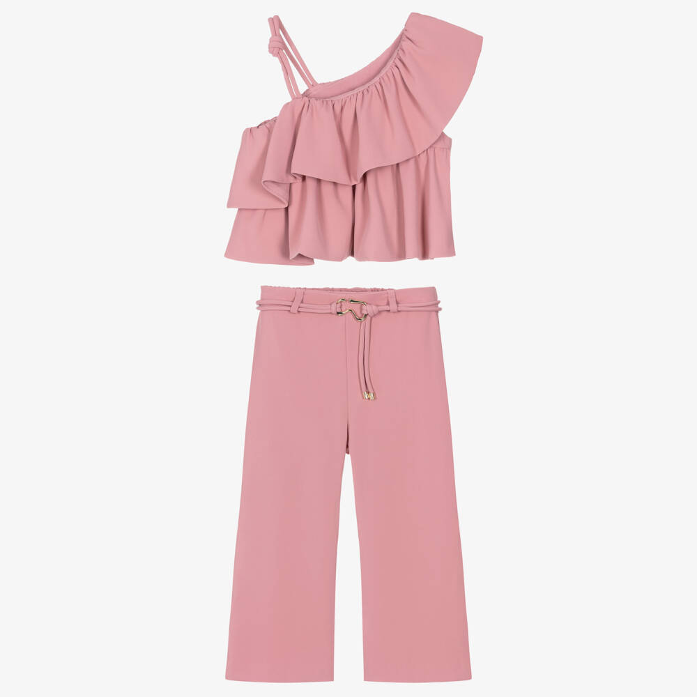 Abel & Lula-Girls Pink Crêpe Ruffle Trim Trouser Set | Childrensalon