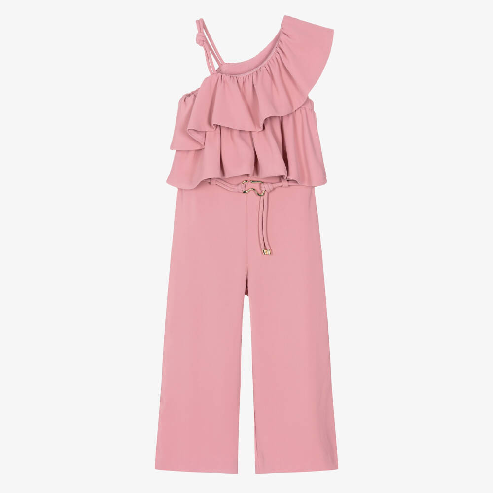 Abel & Lula-Girls Pink Crêpe Ruffle Trim Trouser Set | Childrensalon