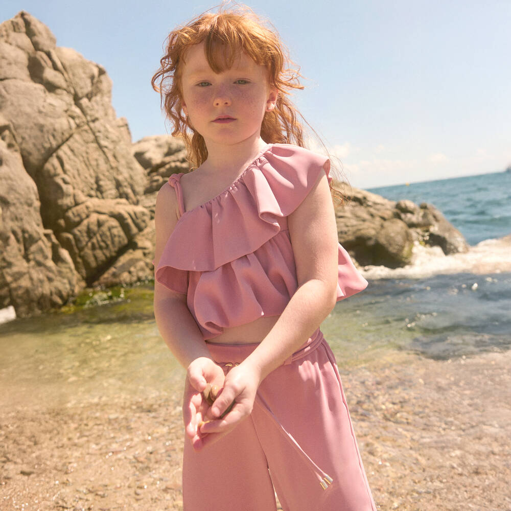 Abel & Lula-Girls Pink Crêpe Ruffle Trim Trouser Set | Childrensalon