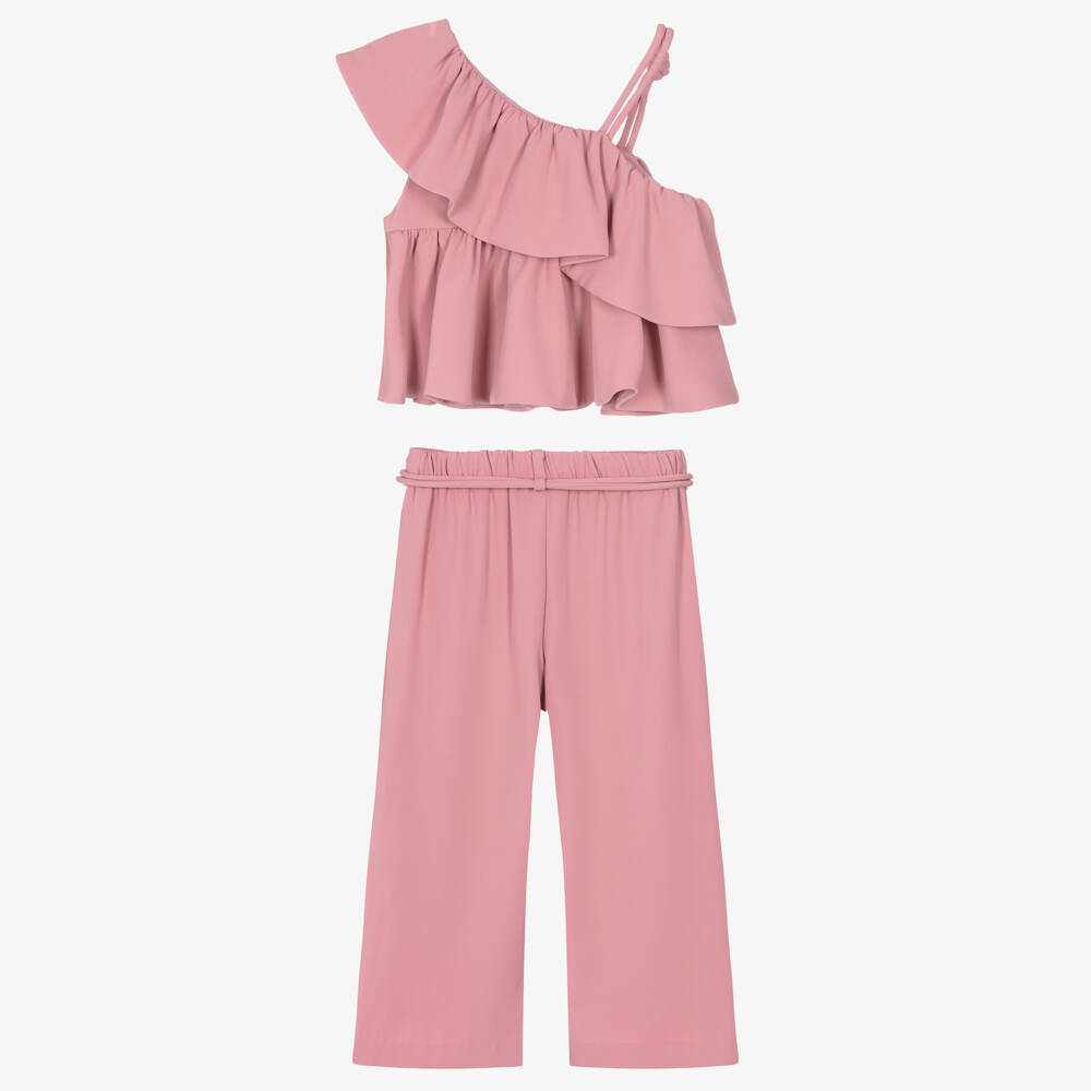 Abel & Lula-Girls Pink Crêpe Ruffle Trim Trouser Set | Childrensalon
