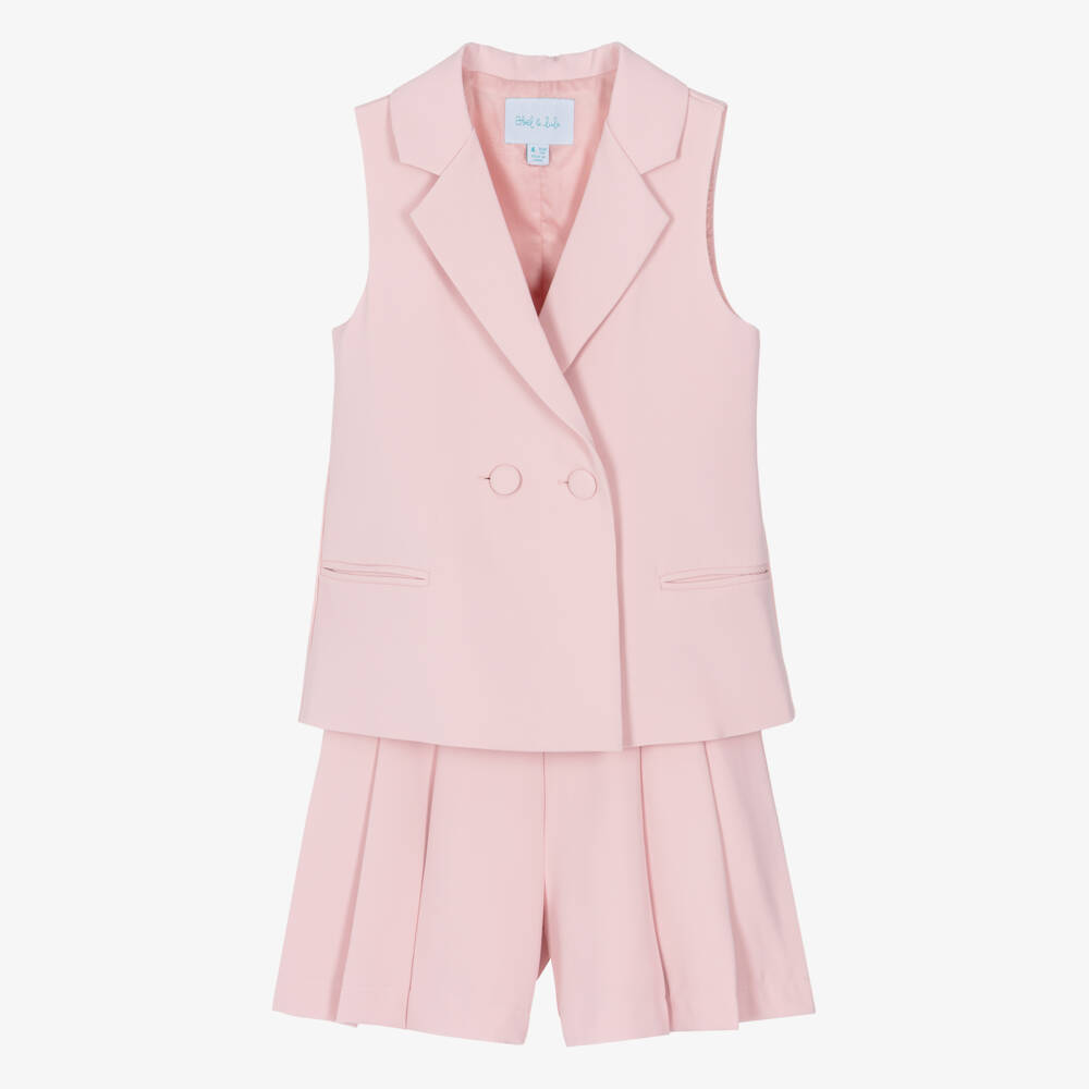 Abel & Lula-Girls Pink Crêpe Waistcoat & Shorts Set | Childrensalon