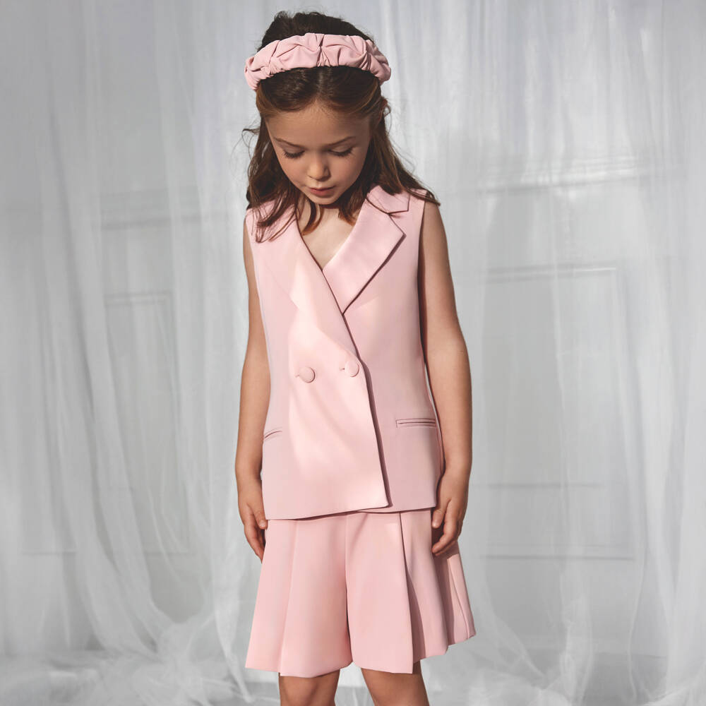 Abel & Lula-Girls Pink Crêpe Waistcoat & Shorts Set | Childrensalon