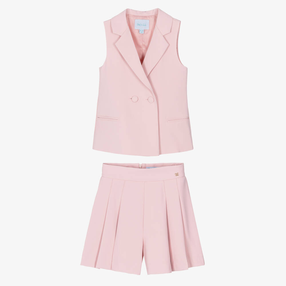Abel & Lula-Girls Pink Crêpe Waistcoat & Shorts Set | Childrensalon