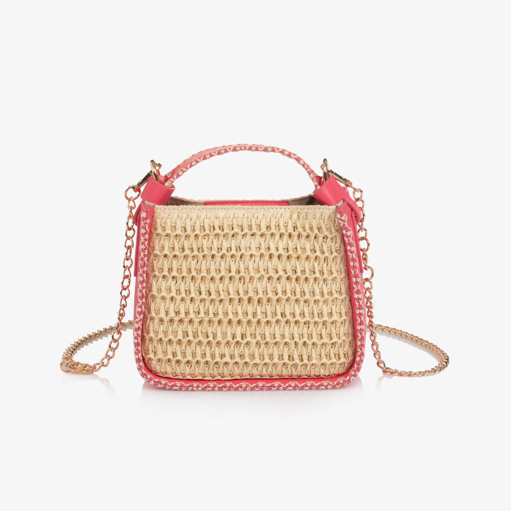 Abel & Lula-Girls Pink Faux Leather & Beige Raffia Handbag (19cm) | Childrensalon