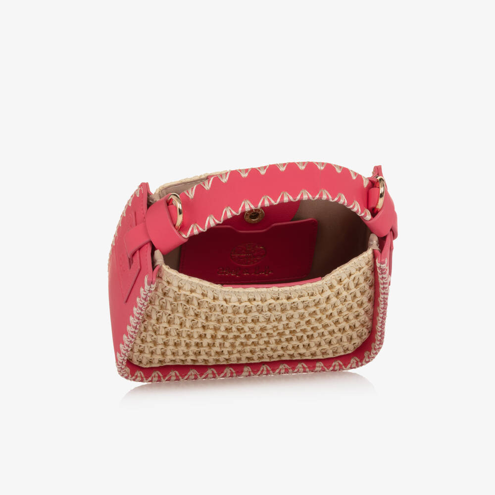 Abel & Lula-Girls Pink Faux Leather & Beige Raffia Handbag (19cm) | Childrensalon
