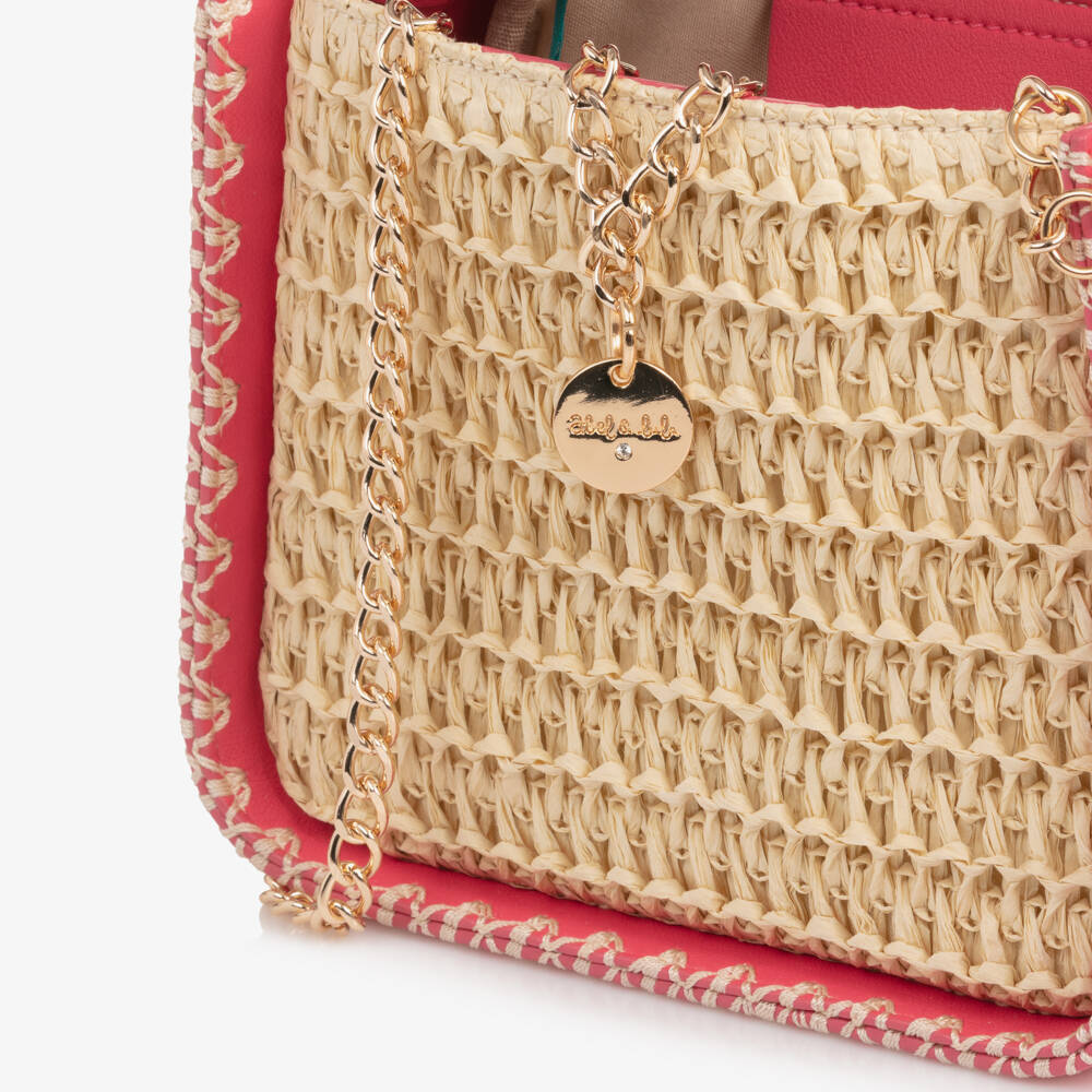 Abel & Lula-Girls Pink Faux Leather & Beige Raffia Handbag (19cm) | Childrensalon