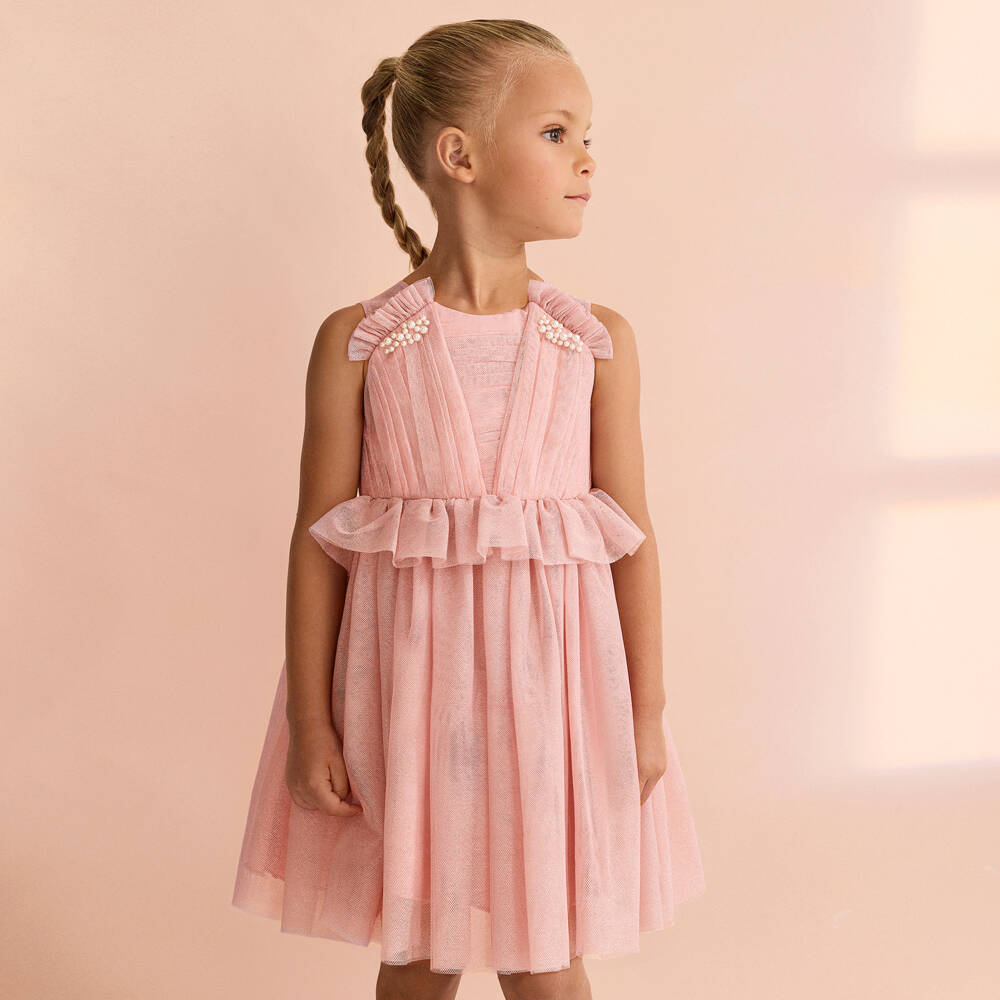 Abel & Lula-Girls Pink Glittery Tulle Dress with Pearls | Childrensalon