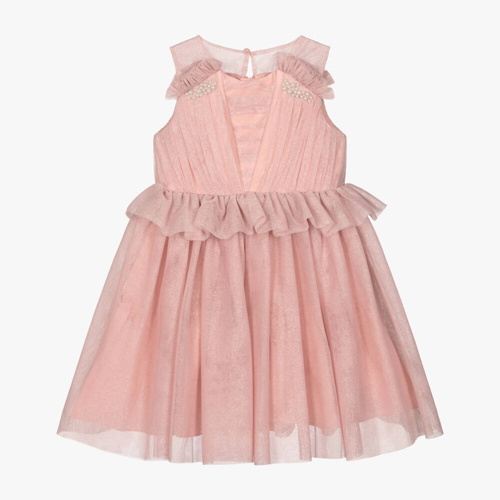 Abel & Lula-Girls Pink Glittery Tulle Dress with Pearls | Childrensalon