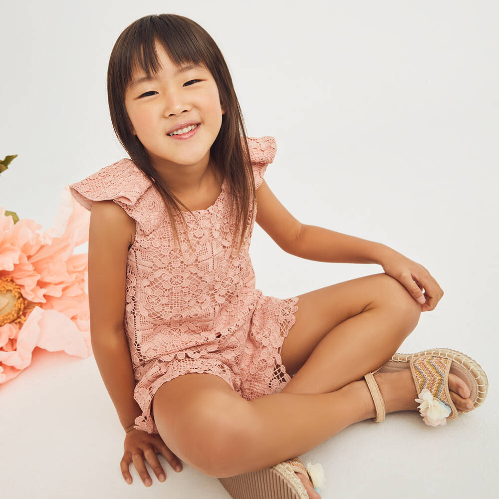 Abel & Lula-Girls Pink Guipure Lace Shorts Set | Childrensalon