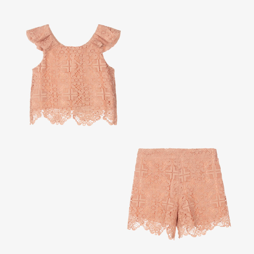 Abel & Lula-Girls Pink Guipure Lace Shorts Set | Childrensalon