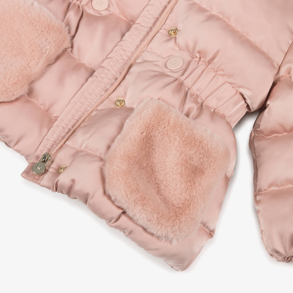 Abel & Lula-Girls Pink Hooded Puffer Coat | Childrensalon