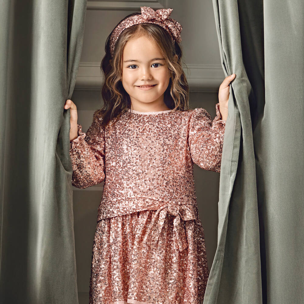 Abel & Lula-Girls Pink Long Sleeve Sequin Dress | Childrensalon