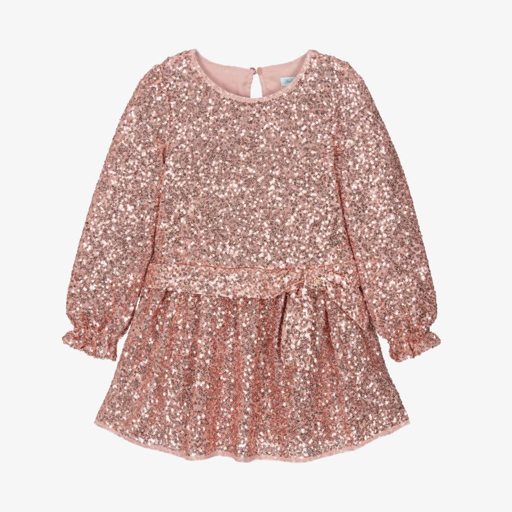 Abel & Lula-Girls Pink Long Sleeve Sequin Dress | Childrensalon