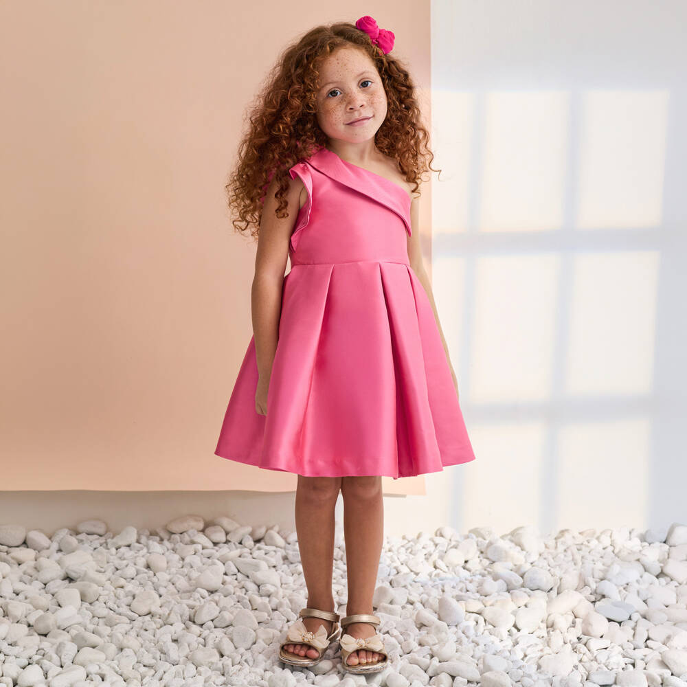 Abel & Lula-Girls Pink One-Shoulder Satin Dress | Childrensalon