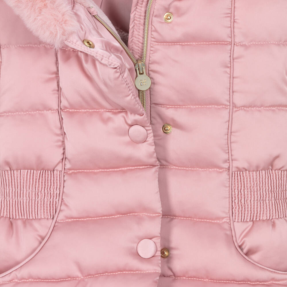 Abel & Lula-Girls Pink Padded Jacket with Faux Fur Trim | Childrensalon